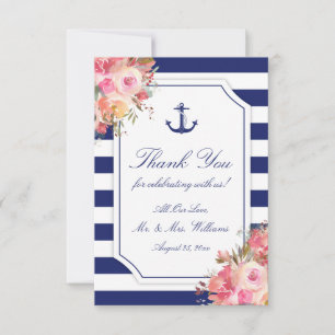 Carte De Remerciements Ancre nautique Floral Blue Stripe Mariage