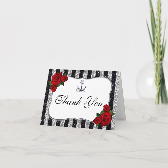 Carte De Remerciements Ancre nautique Mariage Silver Black Stripes (Devant)