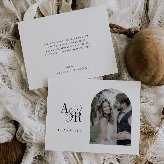 Carte De Remerciements ANDREA Mariage photo noir noir blanc plat (ANDREA Flat White Black Chic Minimal Photo Wedding Thank You Card)