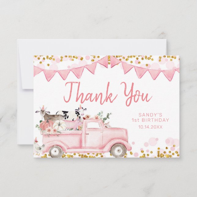 Carte De Remerciements Animaux De Ferme Citrouille Pink Truck Drive Par A (Devant)