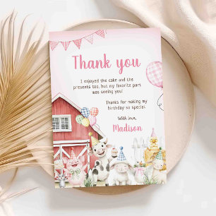 Carte De Remerciements Animaux de ferme roses mignons pour 1er anniversai