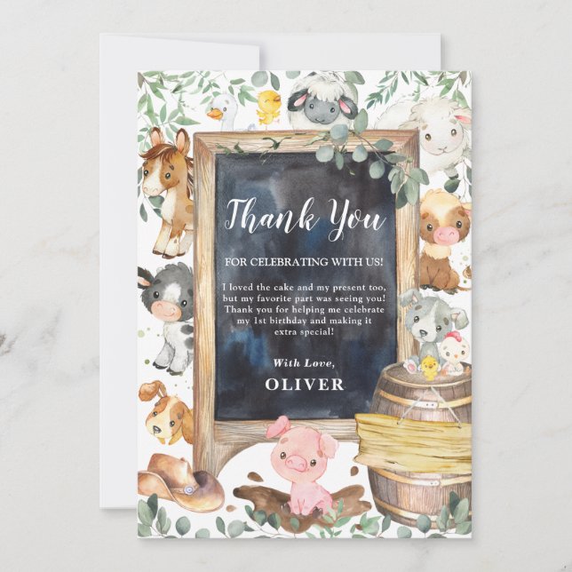 Carte De Remerciements Animaux de ferme Végétation 1er Baby shower d'anni (Devant)
