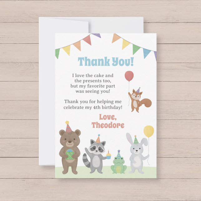 Carte De Remerciements Animaux de fête d'anniversaire (Party Animals Birthday Thank You card with bear, raccoon, frog, rabbit, and squirrel)