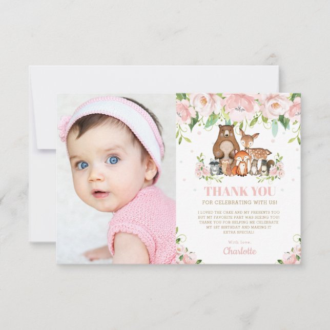 Carte De Remerciements Animaux de la forêt Fleur rose Fille 1er anniversa (Devant)