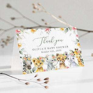 Carte De Remerciements Animaux de la jungle, Safari, Fleurs, Baby shower