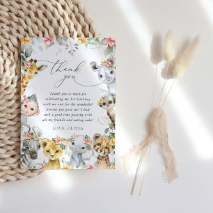 Carte De Remerciements Animaux de la jungle, Safari, Fleurs, Premier Anni