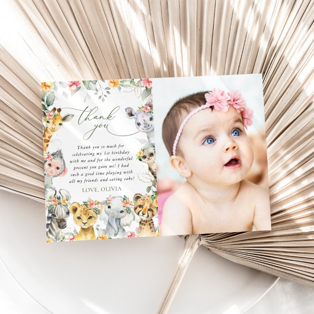 Carte De Remerciements Animaux de la jungle, Safari, Fleurs, Premier Anni (Créateur téléchargé)