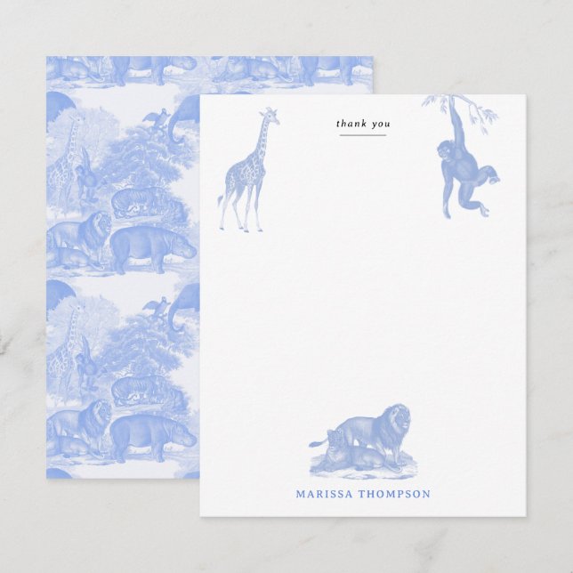 Carte De Remerciements Animaux de la jungle Toile de Jouy Chinoiserie Ble (Devant / Derrière)