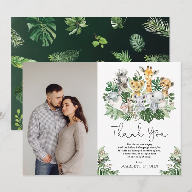 Carte De Remerciements Animaux de safari de la jungle sauvage Baby Shower (Devant / Derrière)