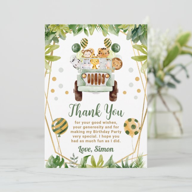 Carte De Remerciements Animaux de safari jungle aquarelle pour l'annivers (Debout devant)