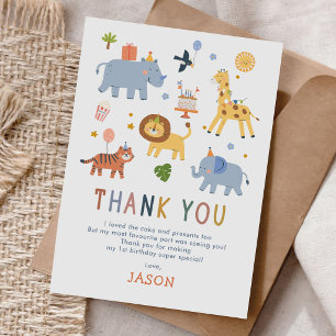 Carte De Remerciements Animaux de safari mignons garçon 1er anniversaire