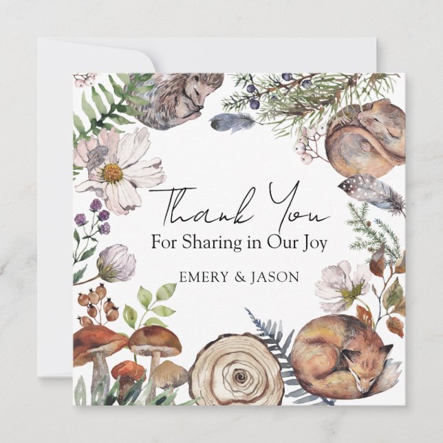 Carte De Remerciements Animaux Mignons de la Forêt pour Baby Shower Boisé (Devant)