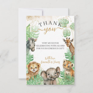Carte De Remerciements Animaux Safari Baby shower de verdure tropicale