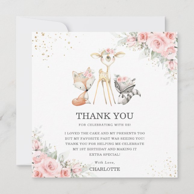 Carte De Remerciements Animaux Whimsical Woodland Rose Floral Anniversair (Devant)