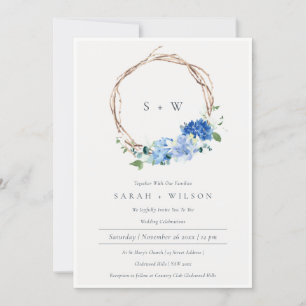 Carte De Remerciements Animé Blue Floral Wreath Monogramme Mariage Invite