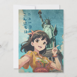Carte De Remerciements Anime Girl and Statue of Liberty, New York - Retro