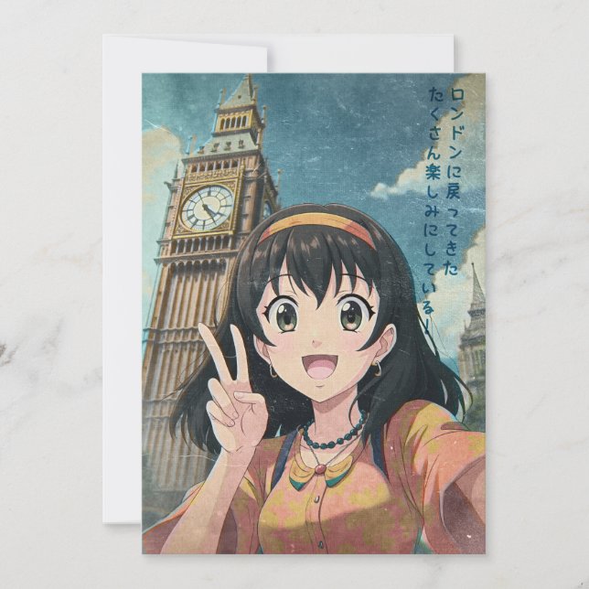 Carte De Remerciements Anime Girl with Big Ben, London - Retro Kawaii Art (Devant)
