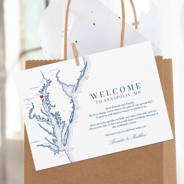 Carte De Remerciements Annapolis Maryland Mariage Bienvenue Itinéraire (These Annapolis wedding welcome letters include your weekend events and wedding itinerary on back)