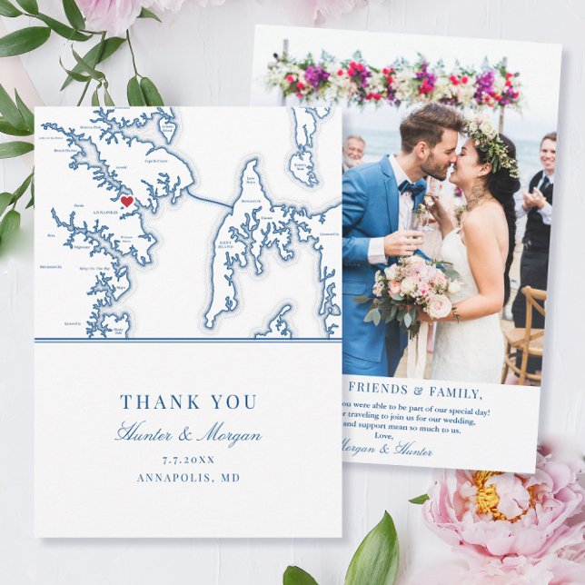 Carte De Remerciements Annapolis Maryland Mariage bleu de la marine Photo (These Annapolis Maryland flat thank you cards with photo are perfect for your Maryland wedding)