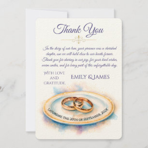 Carte De Remerciements Anneaux de mariage Rose Dorée Aquarelle Élégante