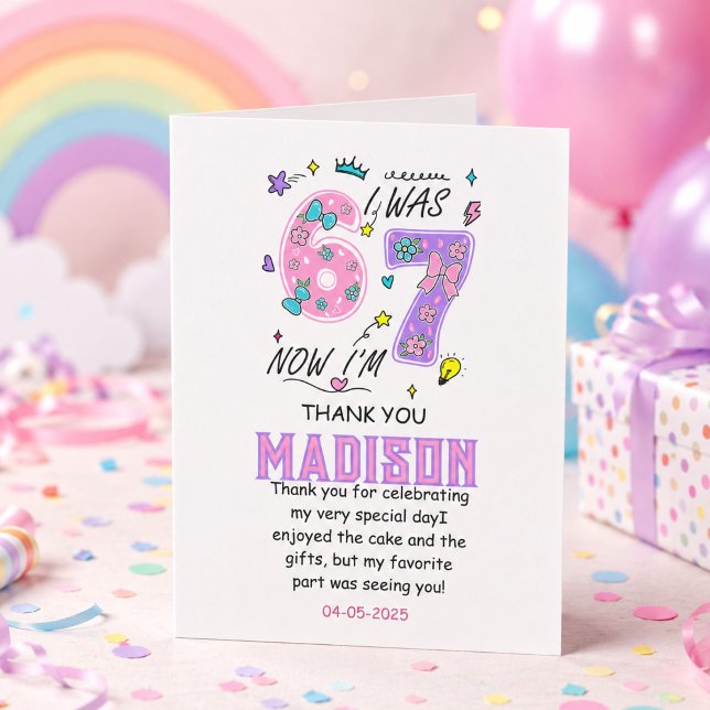 Carte De Remerciements Anniversaire arc-en-ciel 7 ans | “J'avais 6 ans, m (Rainbow 7th Birthday | “I Was 6, Now 7” Party Thank You Card
)