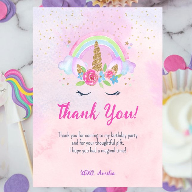 Carte De Remerciements Anniversaire Arc-en-Ciel Licorne Magique (Pink Magical Unicorn Rainbow Birthday Thank You Card)