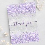 Carte De Remerciements Anniversaire argent violet parties scintillant car<br><div class="desc">Un carte de remerciements d'anniversaire féminin et élégant. Une couleur arrière - plan à l'aspect métallique faux argenté. Avec de la poussière de parties scintillant violette et violette. Sur l'avant grand main écriture et le texte : Merci. Retour : Personnalisez et ajoutez Votre note de remerciement et votre nom. Le...</div>