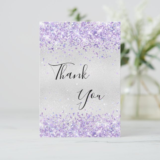 Carte De Remerciements Anniversaire argent violet parties scintillant pou (Debout devant)