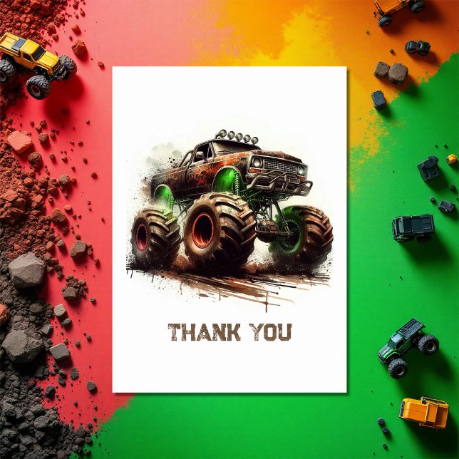 Carte De Remerciements Anniversaire avec un Monster Truck Tout-Terrain Ro (Rugged Off-Road Monster Truck Birthday Thank You Card)