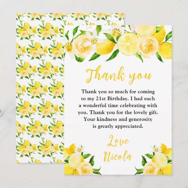 Carte De Remerciements Anniversaire Citrons et Feuillage (Devant / Derrière)