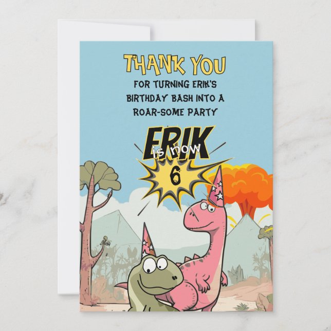 Carte De Remerciements Anniversaire de dinosaure de dessin animé mignon (Devant)