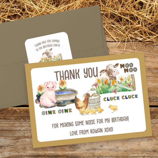 Carte De Remerciements Anniversaire de enfant des animaux de ferme et des (Thank You for Making some Noise for my Birthday (editable) Farm Themed Thank You Card)