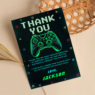 Carte De Remerciements Anniversaire de jeu vidéo d'arcade vert néon