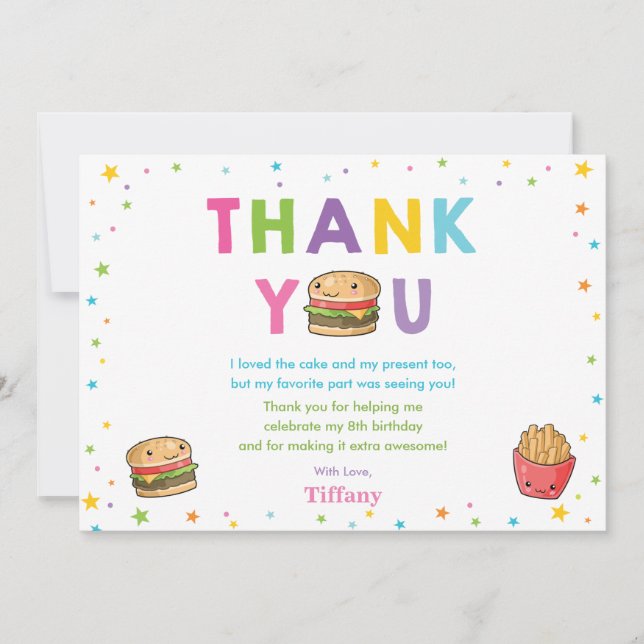 Carte De Remerciements Anniversaire de Kawaii Cute, Fille du Burger Party (Devant)
