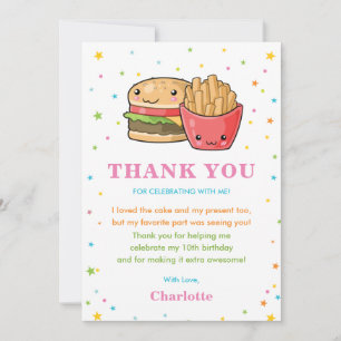 Carte De Remerciements Anniversaire de Kawaii Cute, Fille du Burger Party