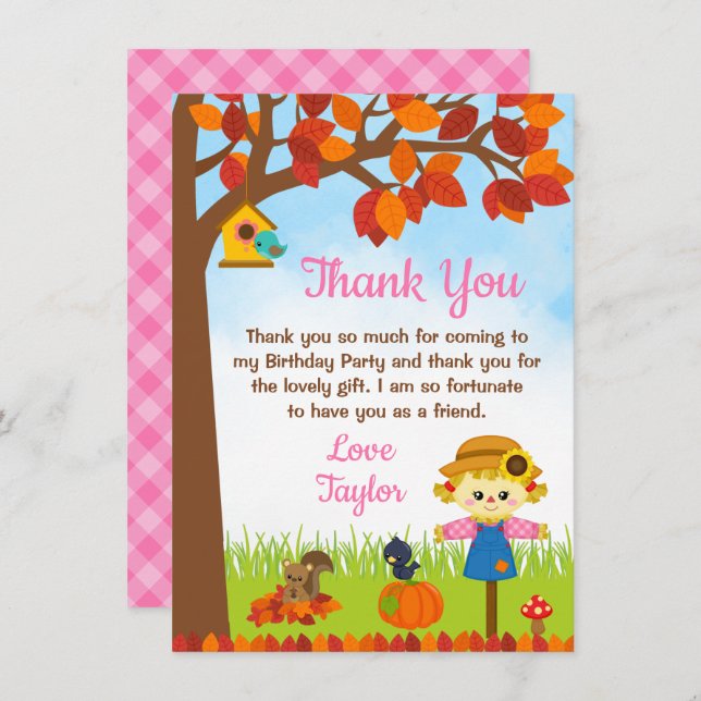 Carte De Remerciements Anniversaire de la fille de l'automne épouvantail (Devant / Derrière)