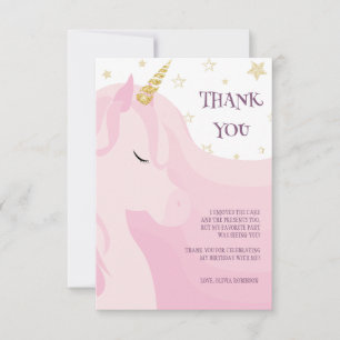 Carte De Remerciements Anniversaire de la licorne d'or rose magique