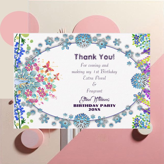 Carte De Remerciements Anniversaire de la petite fleur bleue ovale douce  (Kid's Soft Oval Blue Little Flower Bud Birthday Thank You Card)