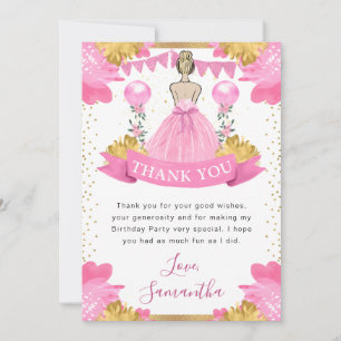 Carte De Remerciements Anniversaire de la princesse blonde en robe rose