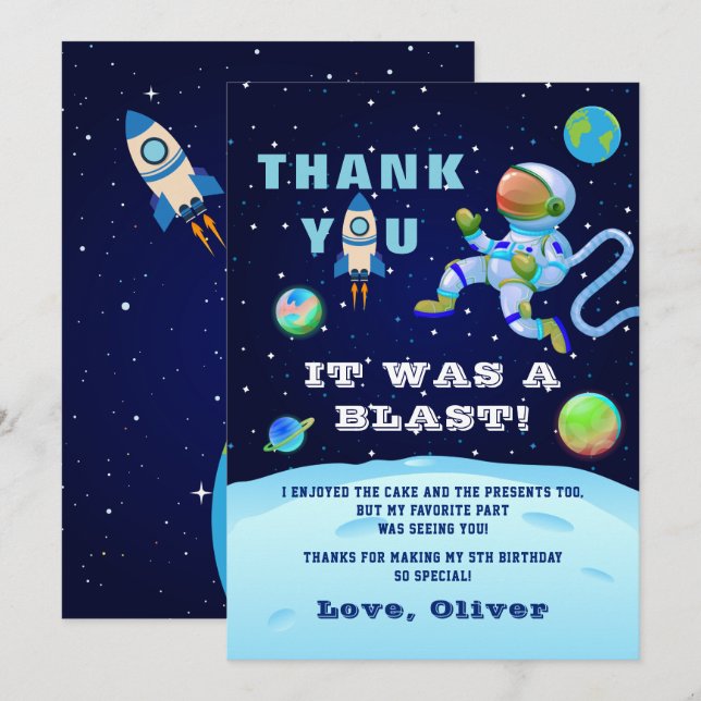 Carte De Remerciements Anniversaire de l'astronaute bleu Terre (Devant / Derrière)