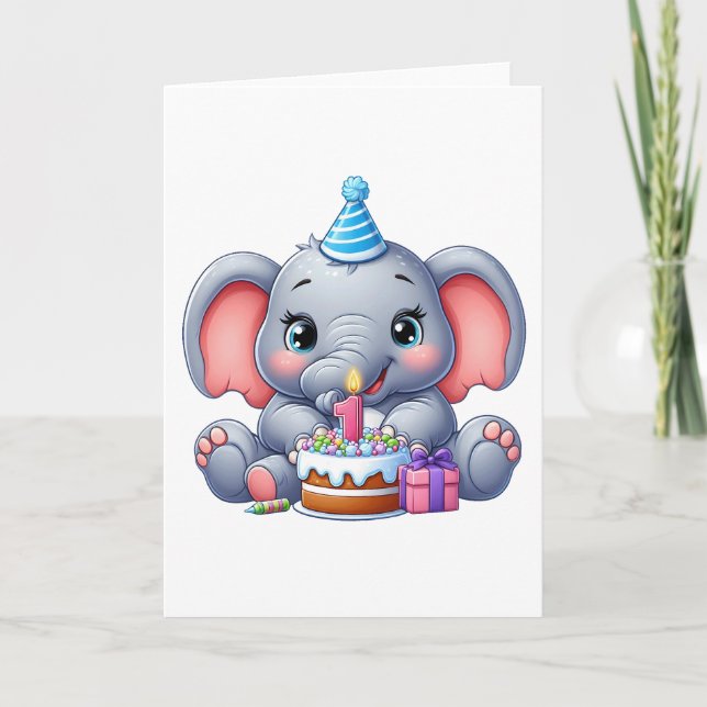 Carte De Remerciements Anniversaire de l'éléphant bébé 1 an (Devant)