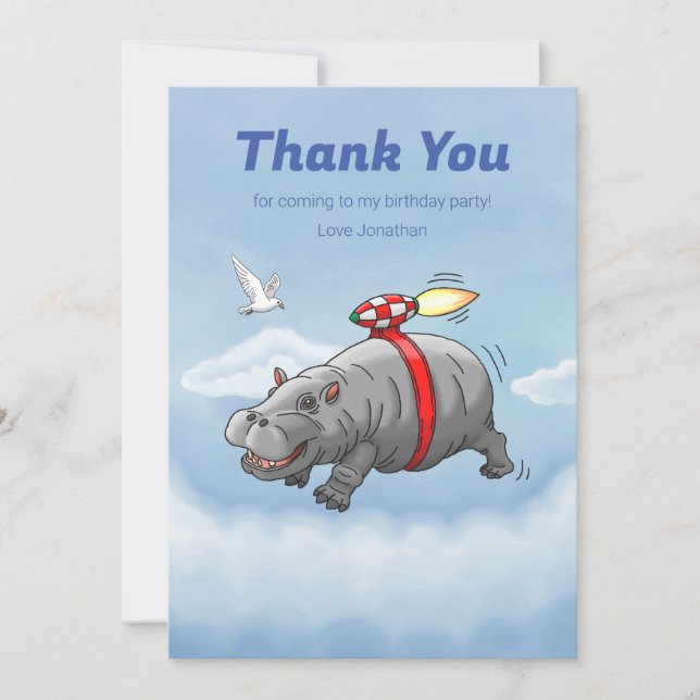 Carte De Remerciements Anniversaire de l'Hippopotame Fusée (Devant)