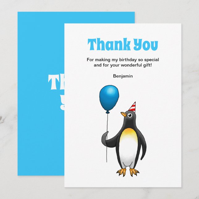 Carte De Remerciements Anniversaire de pingouin (Devant / Derrière)