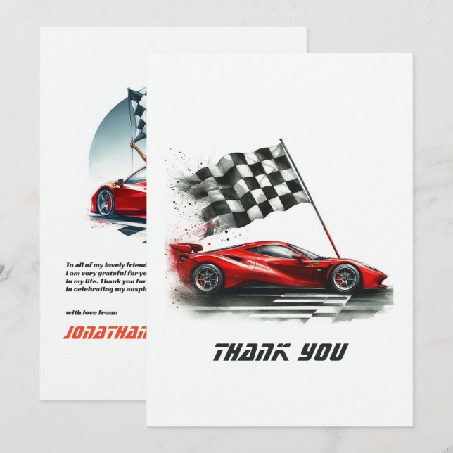 Carte De Remerciements Anniversaire de voiture de course (Devant / Derrière)