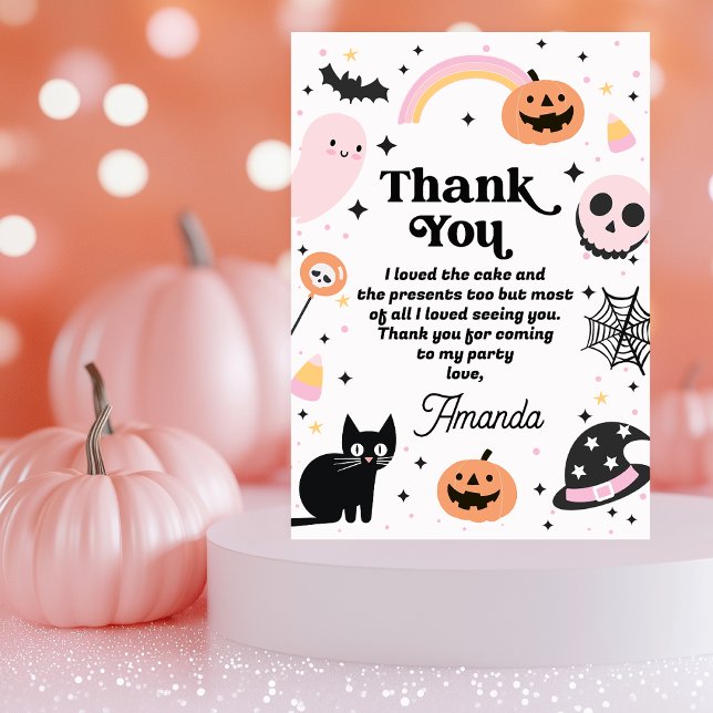 Carte De Remerciements Anniversaire d'Halloween rose rétro (Retro Halloween Birthday Thank You Card, Girls Boo Halloween Birthday Party Thank You Card, Pink )