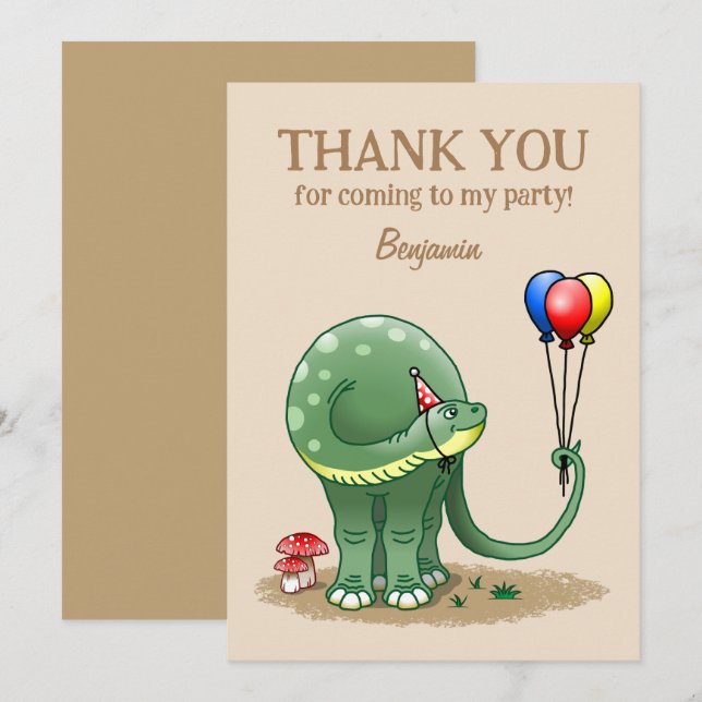 Carte De Remerciements Anniversaire dinosaure tenant des ballons (Devant / Derrière)