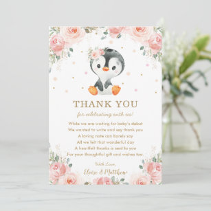 Carte De Remerciements Anniversaire du Baby shower de pingouin rose roux 