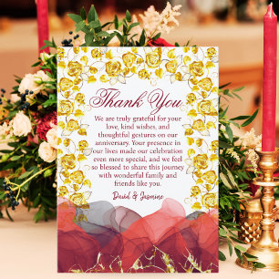 Carte De Remerciements Anniversaire du Mariage du Foral Gold & Burgundy
