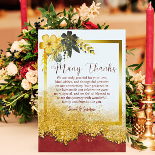 Carte De Remerciements Anniversaire du Mariage Foral Gold & Burgundy Cust