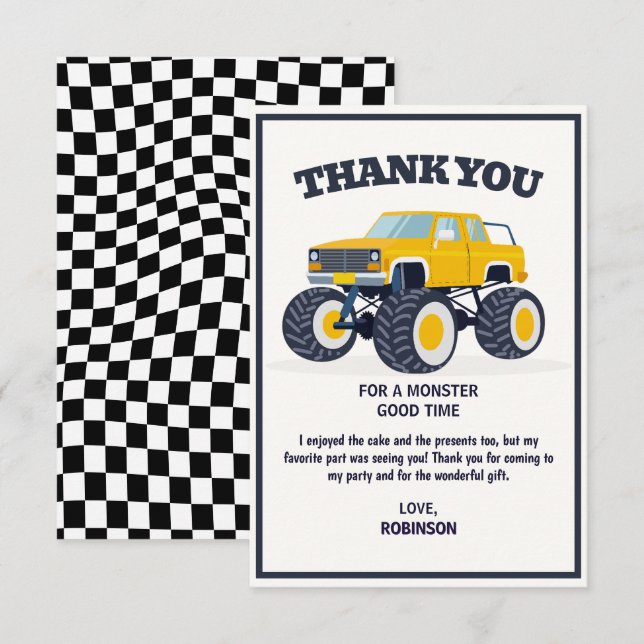 Carte De Remerciements Anniversaire du Monster Truck Jaune Moderne Smash  (Devant / Derrière)